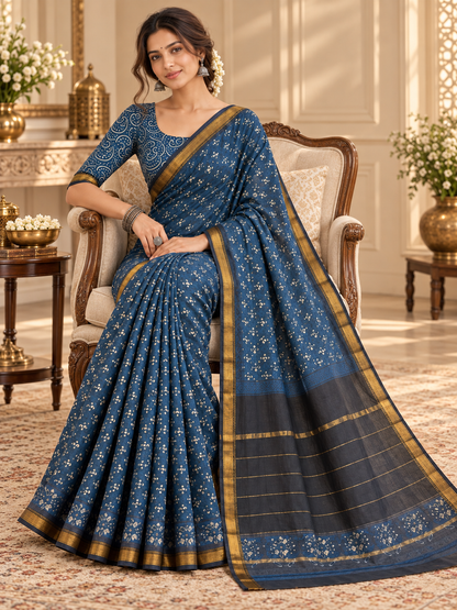 Women's Indigo Blue Cotton Silk Floral Printed Saree with Golden Zari Border & Unstitched Blouse Piece – 6.30 Mtr