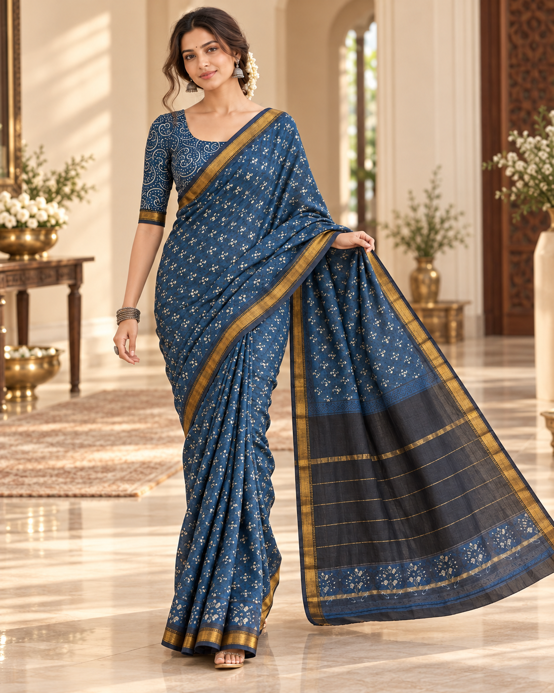 Women's Indigo Blue Cotton Silk Floral Printed Saree with Golden Zari Border & Unstitched Blouse Piece – 6.30 Mtr