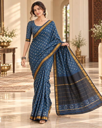 Women's Indigo Blue Cotton Silk Floral Printed Saree with Golden Zari Border & Unstitched Blouse Piece – 6.30 Mtr