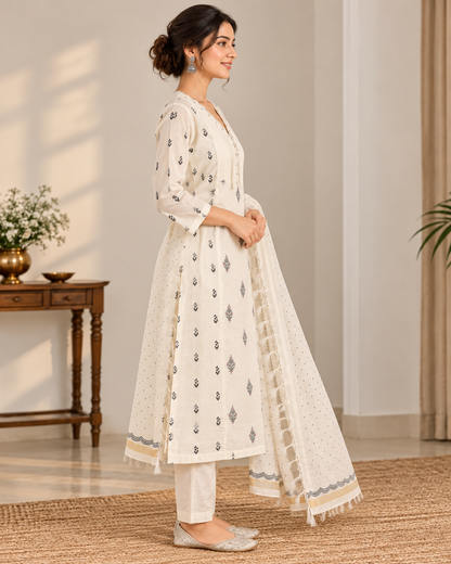 Women’s Mal Chanderi Off-White Printed Kurti Pant Set with Dupatta | Elegant 3-Piece Ethnic Set