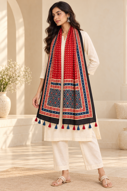 Women's Red & Navy Blue Ajrakh Inspired Printed Modal Silk Stole with Polka Dots, Geometric Border & Tassels