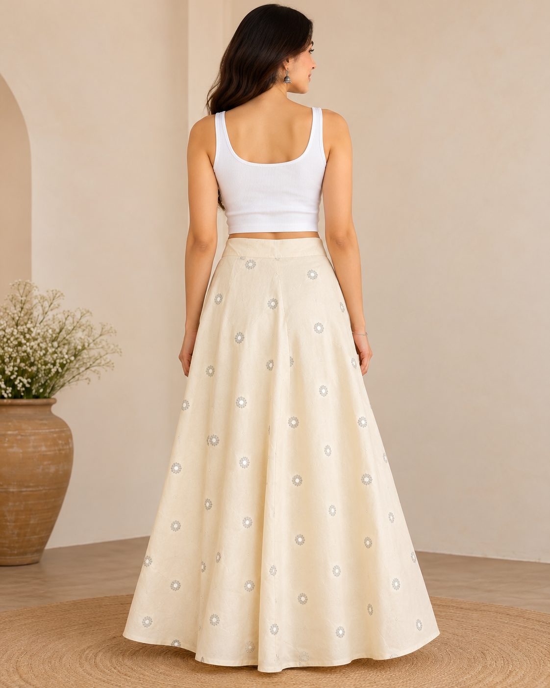 Women's Natural Handwoven Cotton Flared Maxi Skirt with Mirror Work | Ethnic Long Skirt