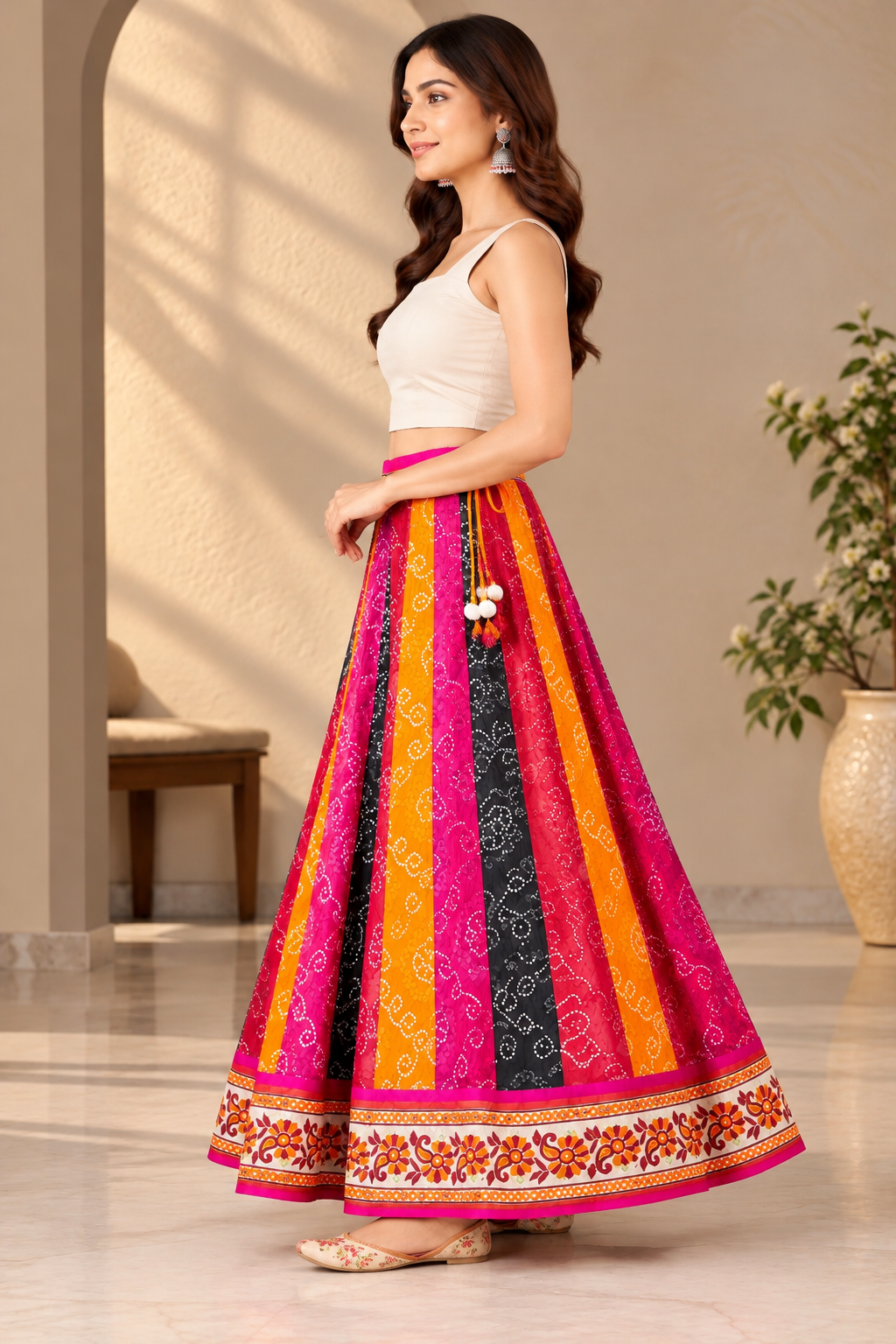 Women's Cotton Bandhani Printed Long Flared Skirt with Multicolour Panels | Ethnic Maxi Skirt