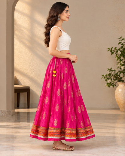 Women's Rani Pink Ottoman Cotton Flared Maxi Skirt with Ethnic Print & Decorative Border