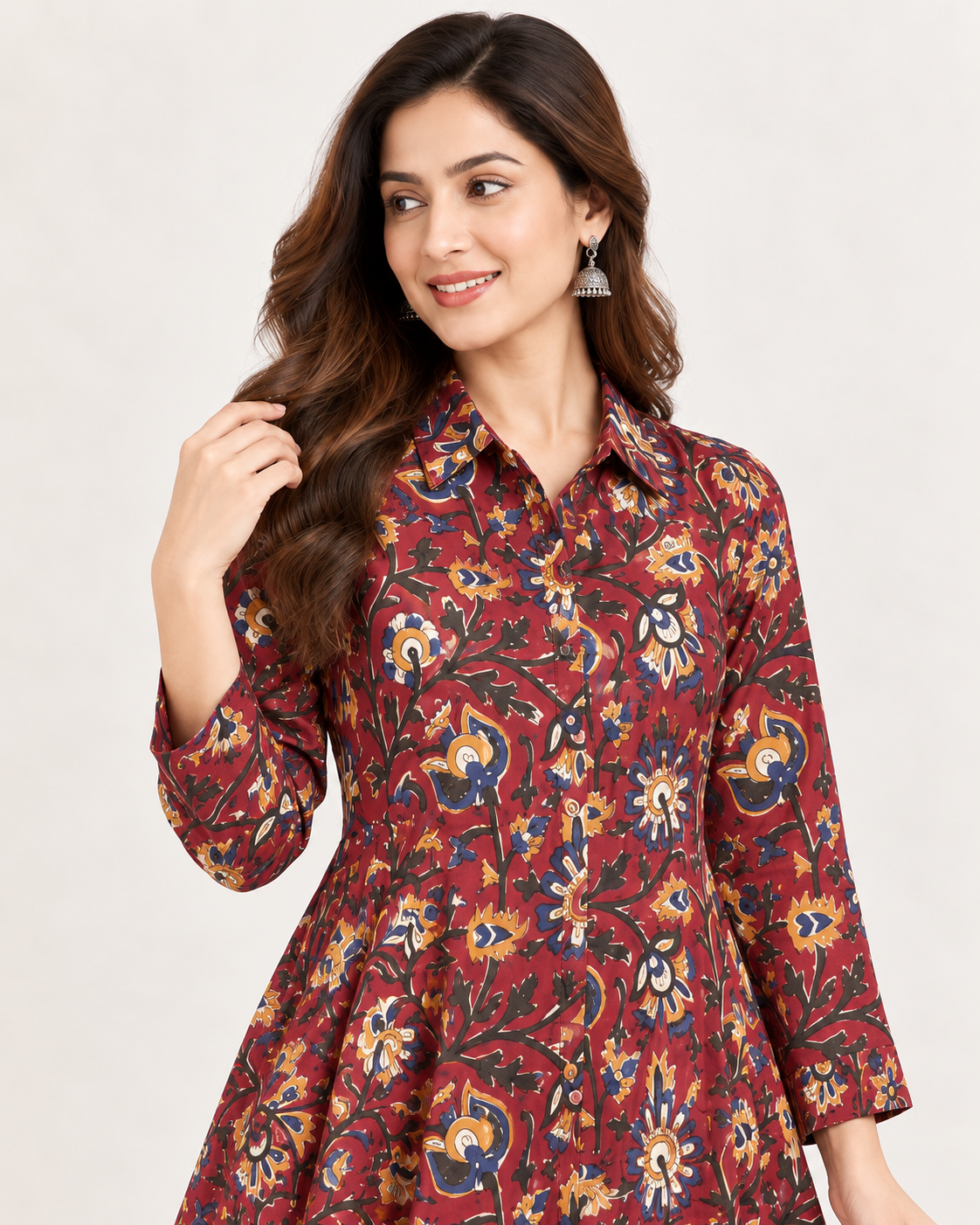 Natural Fab Women's Maroon Floral Printed Cotton Flared Maxi Dress with Collar & Side Pockets