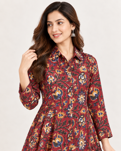 Natural Fab Women's Maroon Floral Printed Cotton Flared Maxi Dress with Collar & Side Pockets