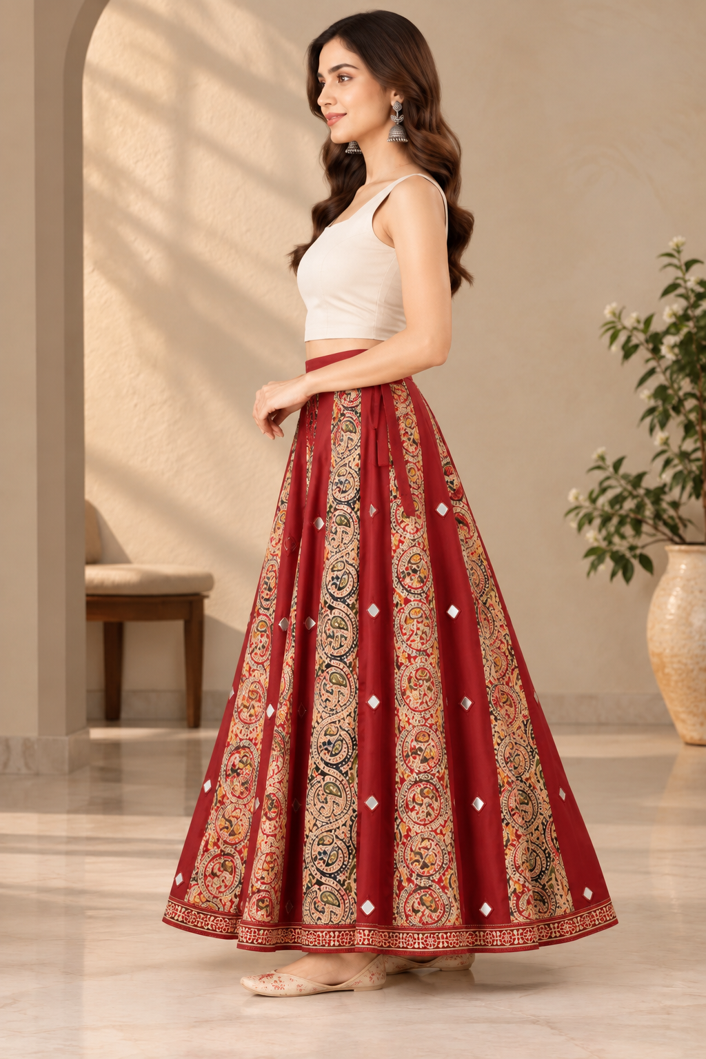 Women's Maroon Kalamkari Printed Long Flared Skirt with Mirror Work & Ethnic Border