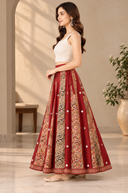 Women's Maroon Kalamkari Printed Long Flared Skirt with Mirror Work & Ethnic Border
