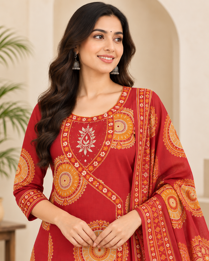 Women's Maroon Ethnic Printed Kurti Palazzo Set with Dupatta | Traditional 3-Piece Kurta Set