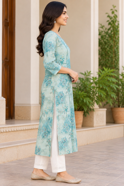 Women's Aqua Mint Green Floral Printed Straight Maslin Long Kurti with 3/4 Sleeves & Keyhole Neck
