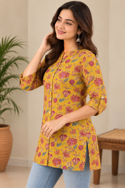 Women's Mustard Yellow Rayon Floral Printed Short Kurti | Button-Down Casual Tunic Top