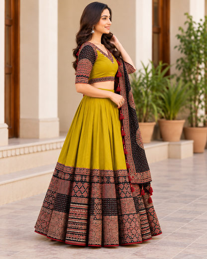 Women's Mustard Yellow Cotton Flared Lehenga Choli Set with Ajrakh-Inspired Print & Dupatta