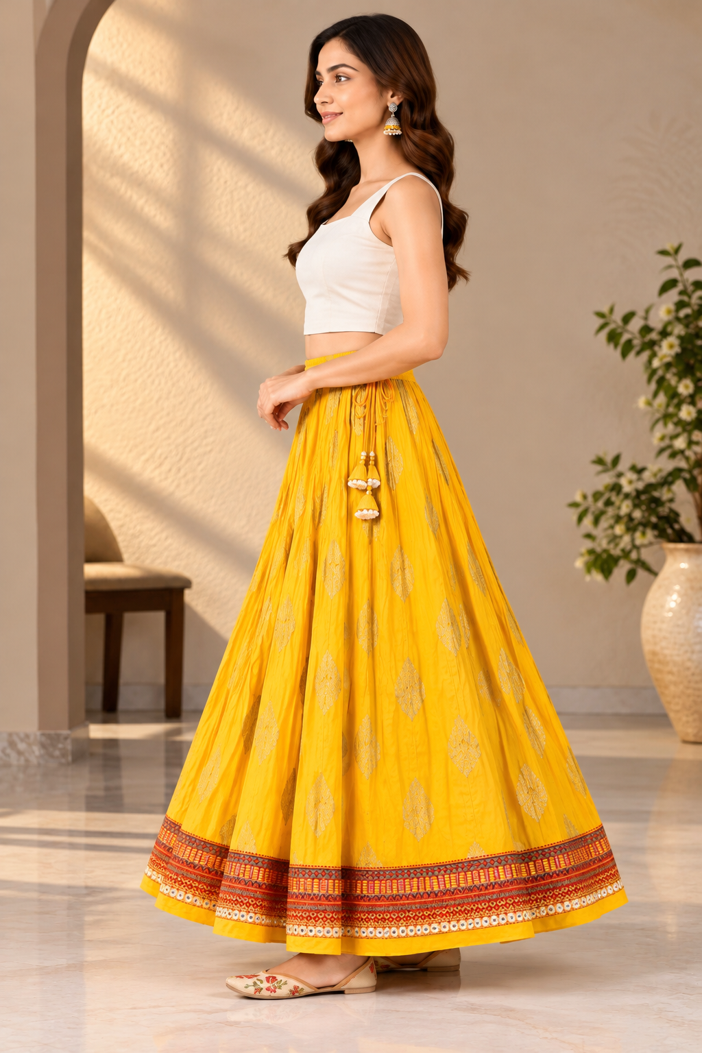 Women's Mustard Yellow Ottoman Cotton Flared Maxi Skirt with Ethnic Print & Tassels