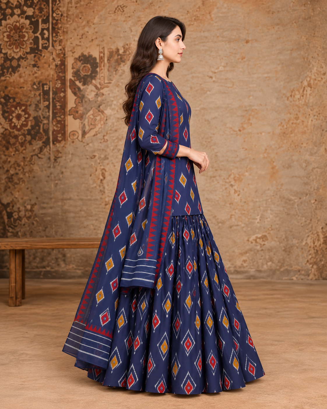 Women’s Navy Blue Cotton Printed Lehenga Set with Kurti & Dupatta | Festive Ethnic Wear