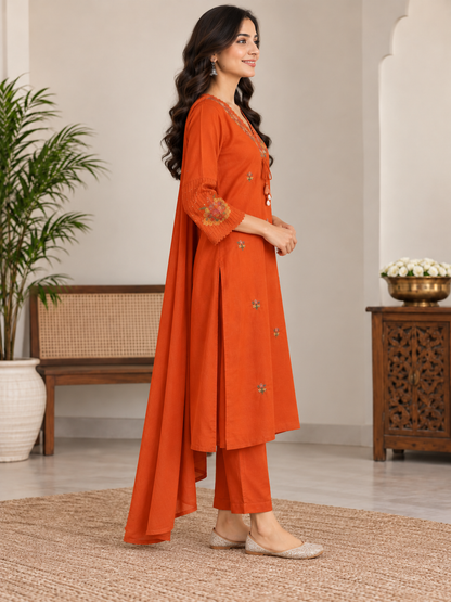 Women’s Rust Orange Mal Cotton Embroidered Kurti Pant Set with Matching Dupatta | 3 Piece Ethnic Set
