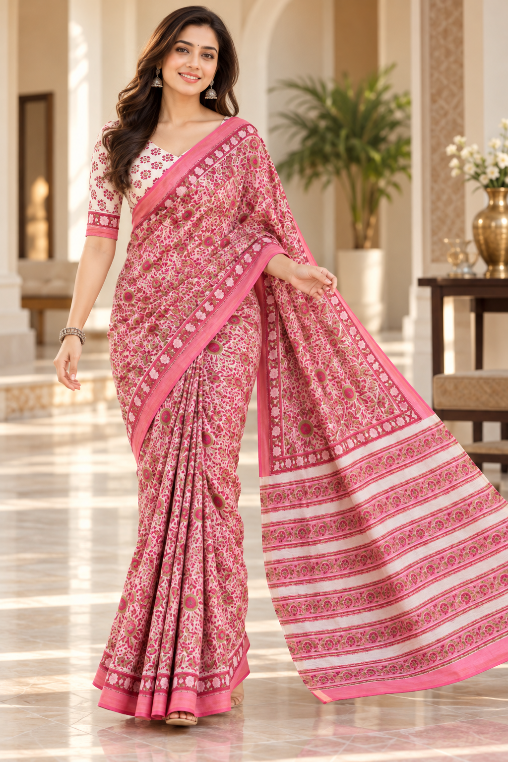 Women's Pink Floral Printed Cotton Silk Saree with Zari Border & Unstitched Blouse Piece – 6.30 Mtr