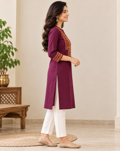 Women's Wine Purple Embroidered Cotton Straight Kurti | 3/4 Sleeve Ethnic Kurta