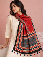 Women's Red & Navy Blue Ajrakh Inspired Printed Modal Silk Stole with Polka Dots, Geometric Border & Tassels