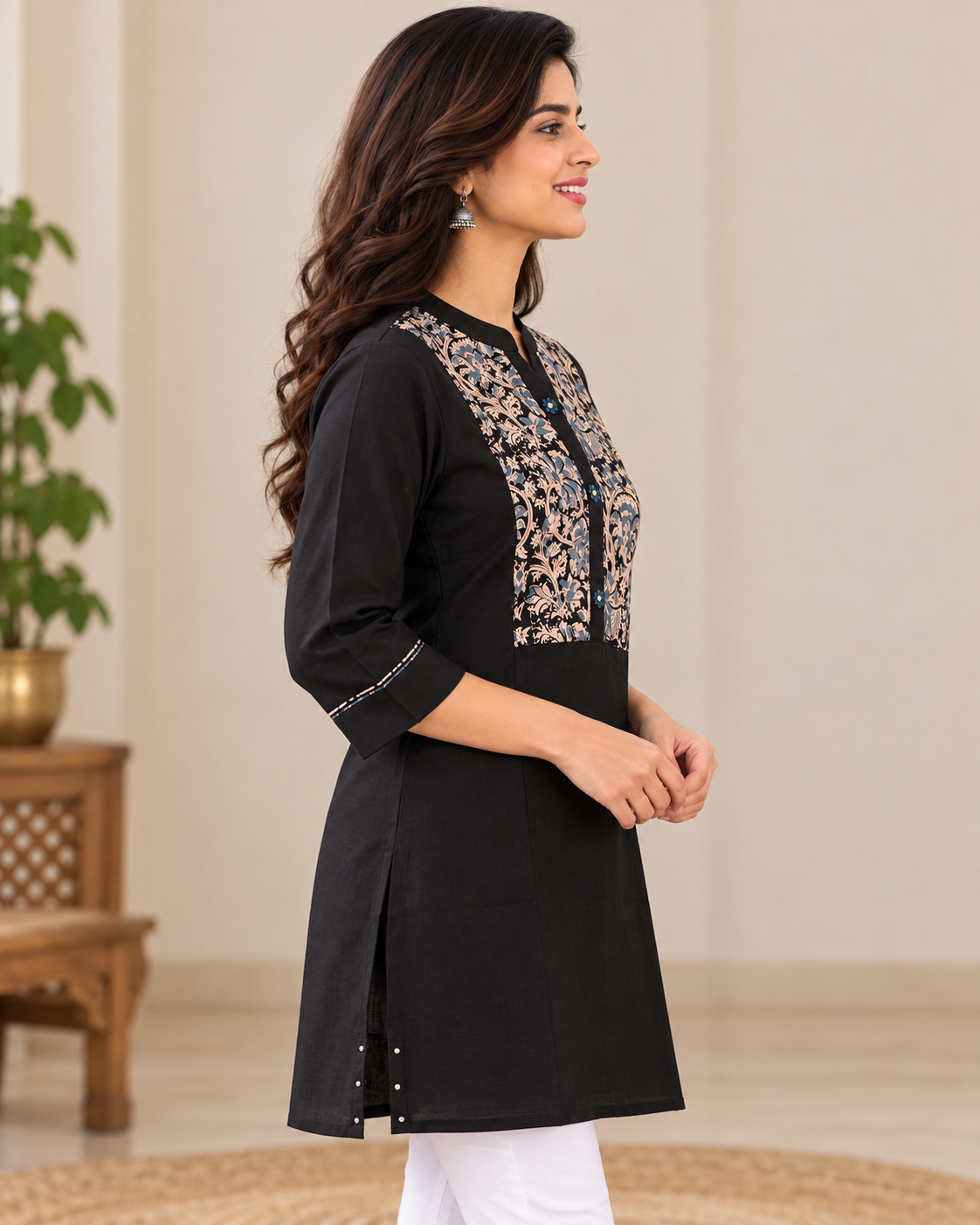 Women's Black Handloom Cotton Kalamkari Hand Block Printed Short Kurti | 3/4 Sleeve Ethnic Top
