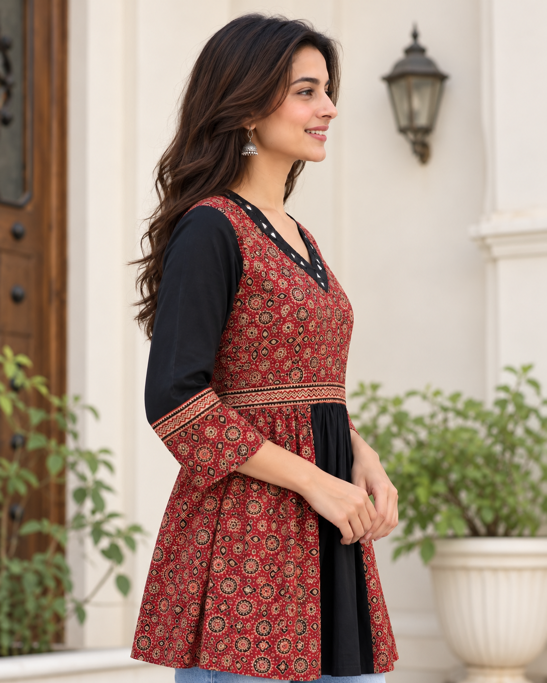 Natural Fab Women's Maroon Ajrakh Printed Black Flared Peplum Top with Mirror Work V-Neck
