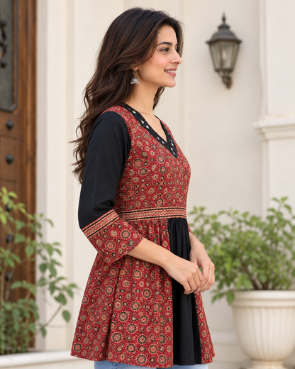 Natural Fab Women's Maroon Ajrakh Printed Black Flared Peplum Top with Mirror Work V-Neck