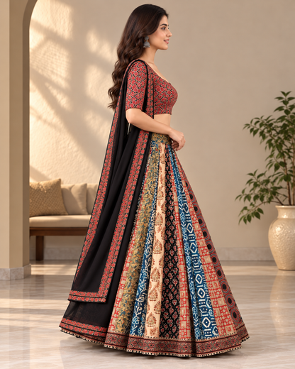 Women's Cotton Kalamkari Print Lehenga Choli Set with Dupatta | Multicolour Ethnic Wear