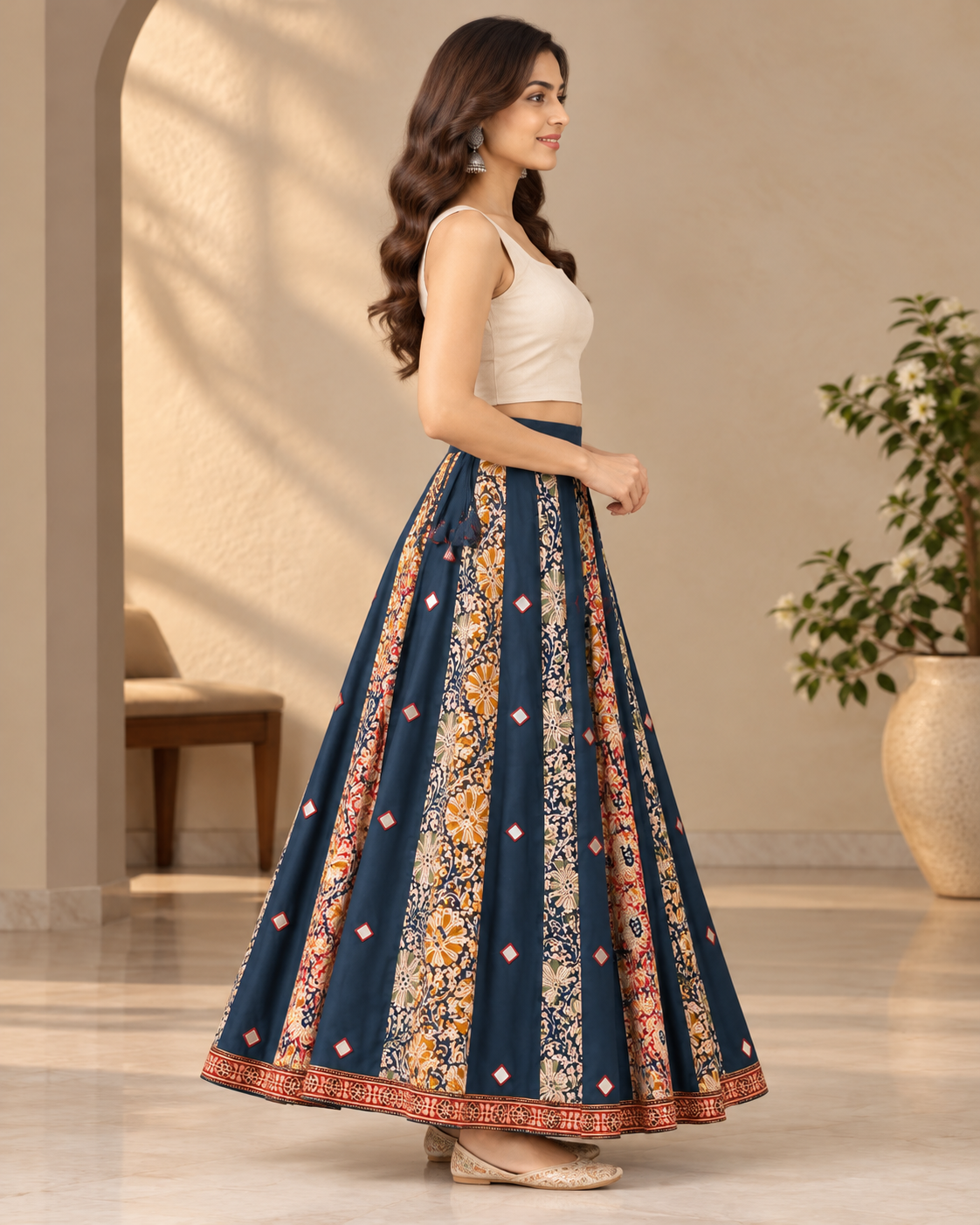 Women's Kalamkari Printed Flared Maxi Skirt with Mirror Work & Traditional Border – Navy Blue