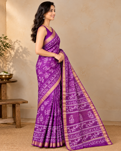 Natural Fab Maheshwari Silk Hand Block Printed Saree with Blouse | 6.30 Metres