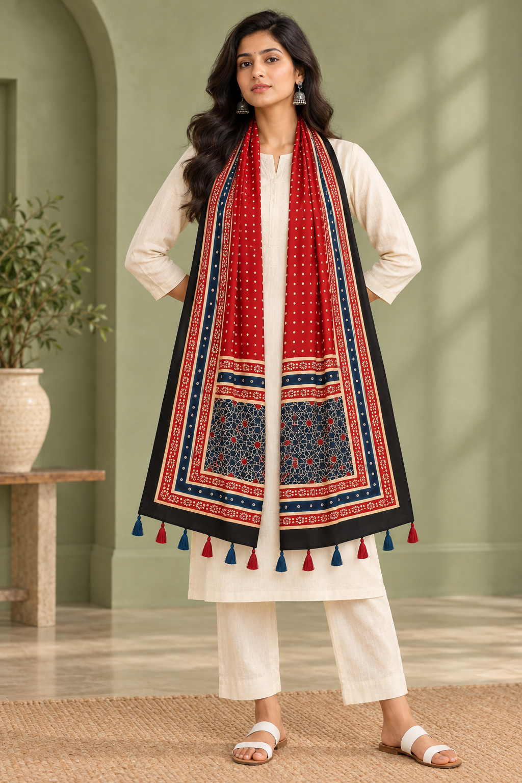 Women's Red & Navy Blue Ajrakh Inspired Printed Modal Silk Stole with Polka Dots, Geometric Border & Tassels