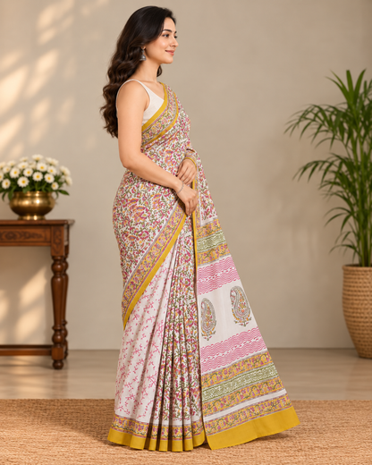 Natural Fab Mal Mal Cotton Hand Block Printed Saree with Blouse | 6.30 m