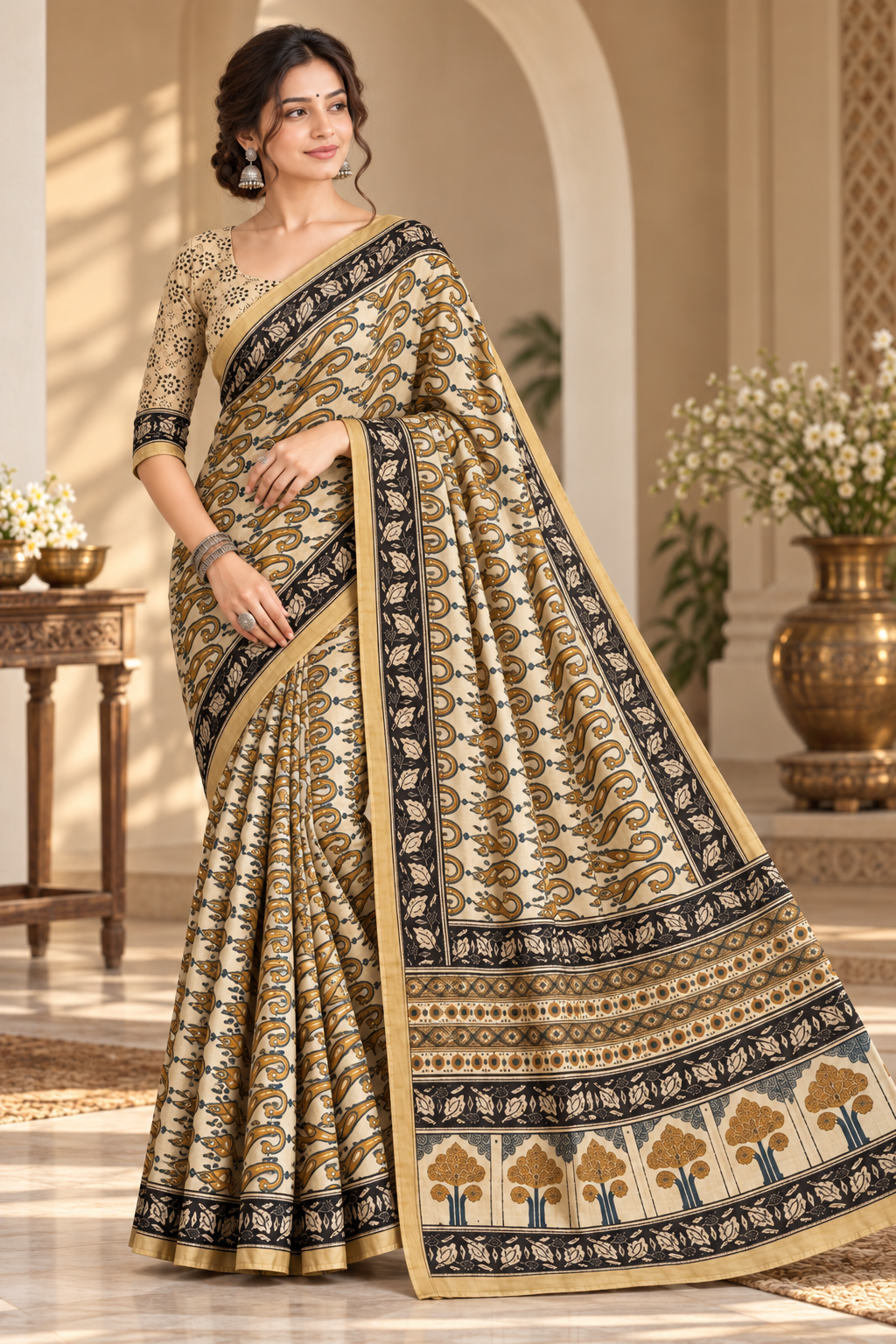 Women's Beige Cotton Silk Paisley Printed Saree with Black Golden Zari Border & Unstitched Blouse – 6.30 Mtr