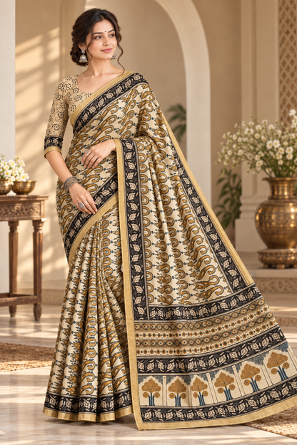 Women's Beige Cotton Silk Paisley Printed Saree with Black Golden Zari Border & Unstitched Blouse – 6.30 Mtr