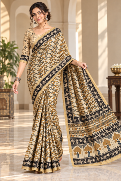 Women's Beige Cotton Silk Paisley Printed Saree with Black Golden Zari Border & Unstitched Blouse – 6.30 Mtr