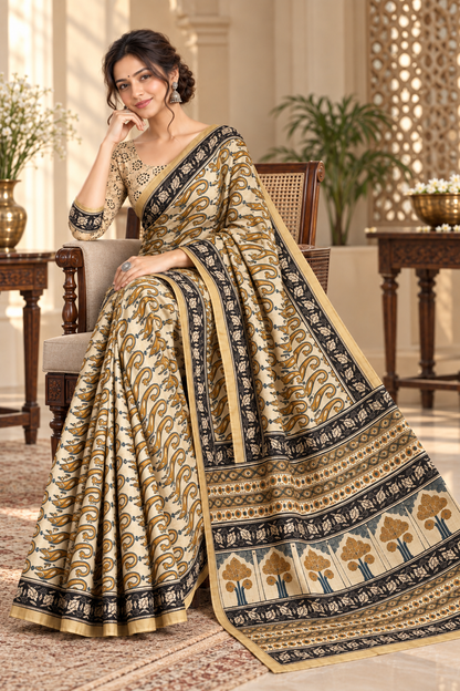 Women's Beige Cotton Silk Paisley Printed Saree with Black Golden Zari Border & Unstitched Blouse – 6.30 Mtr