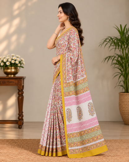 Natural Fab Mal Mal Cotton Hand Block Printed Saree with Blouse | 6.30 m