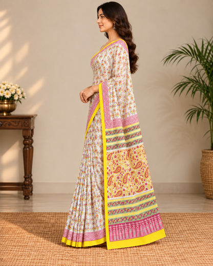 Natural Fab Mal Mal Cotton Hand Block Printed Saree with Blouse | 6.30 m