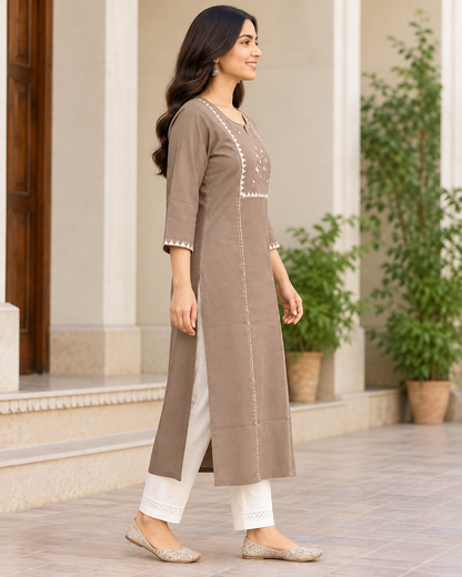 Women's Taupe Brown Embroidered Straight Kurti with Mirror Work, Notch Neck & 3/4 Sleeves