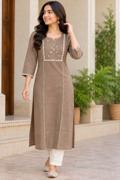 Women's Taupe Brown Embroidered Straight Kurti with Mirror Work, Notch Neck & 3/4 Sleeves