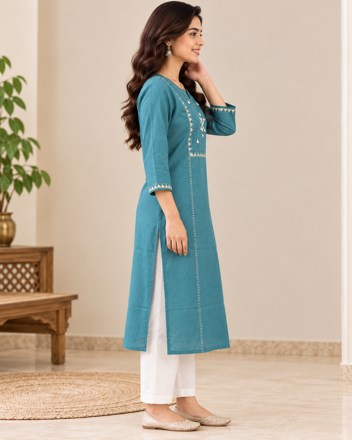 Women's Teal Blue Cotton Straight Kurti | Embroidered Yoke 3/4 Sleeve Ethnic Kurta