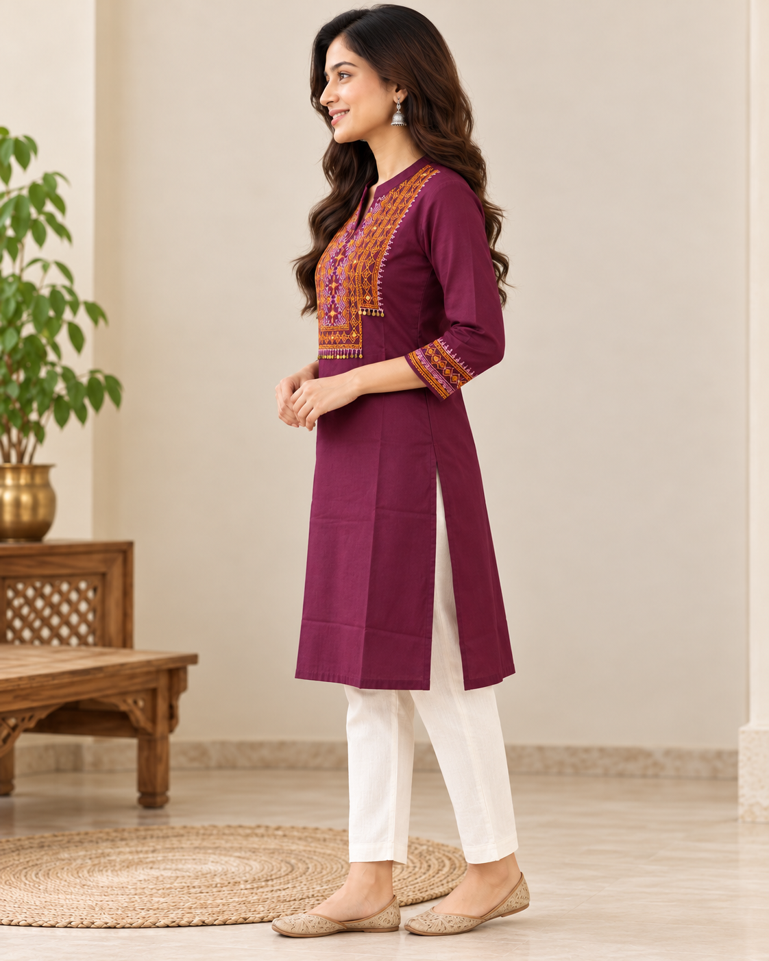 Women's Wine Purple Embroidered Cotton Straight Kurti | 3/4 Sleeve Ethnic Kurta