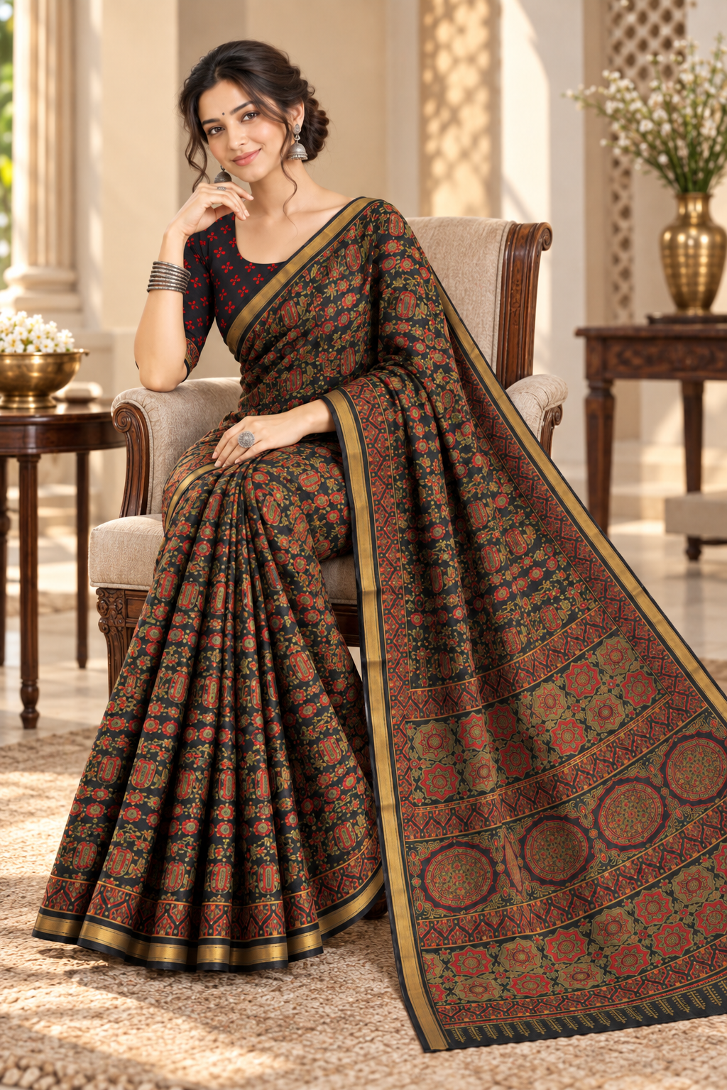 Naturalfab Cotton Silk Maheshwari Saree with Woven Zari Border and Blouse Fabric for Women