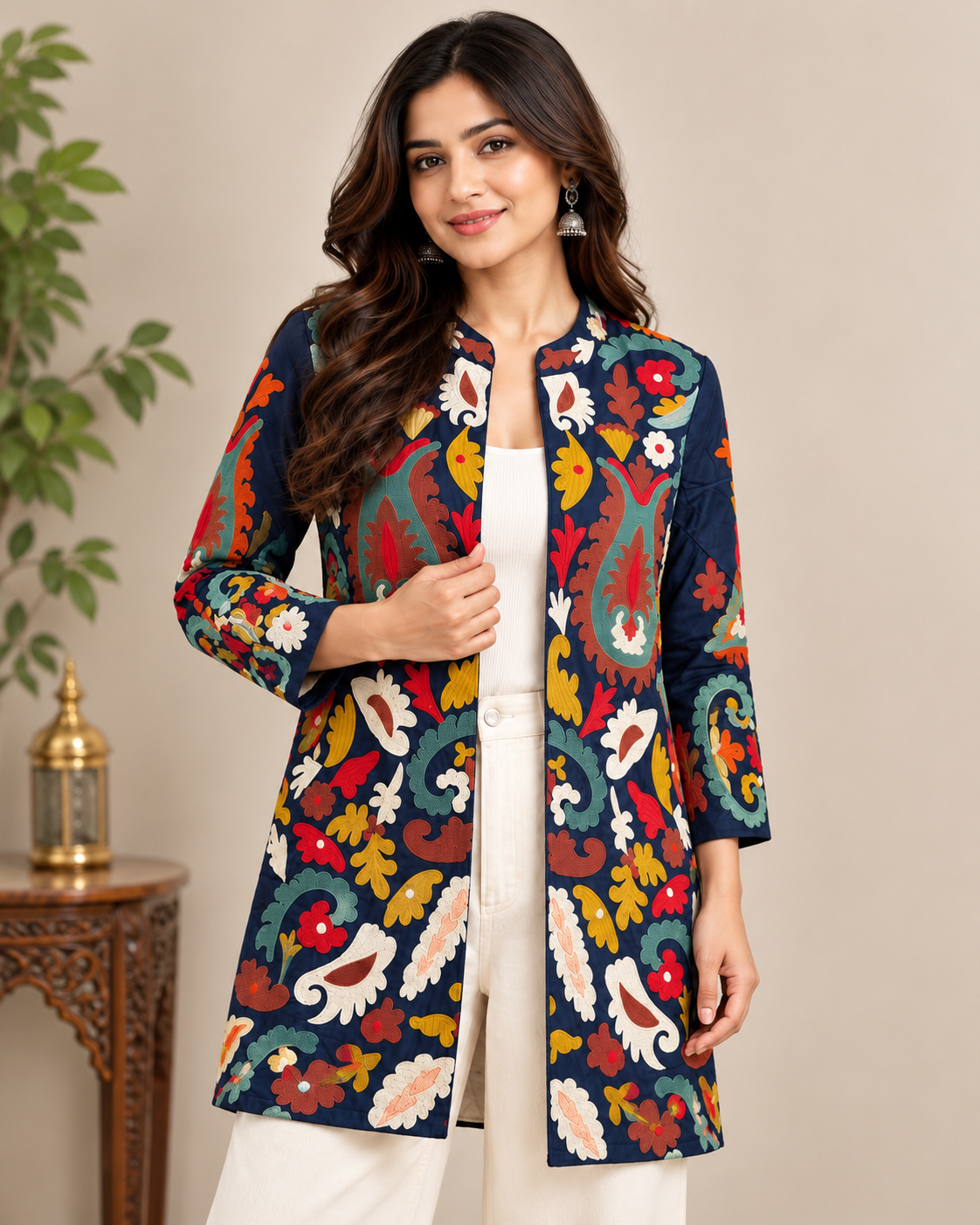 Women's Navy Blue Multicolour Floral Embroidered Long Jacket with Open Front & Ethnic Design