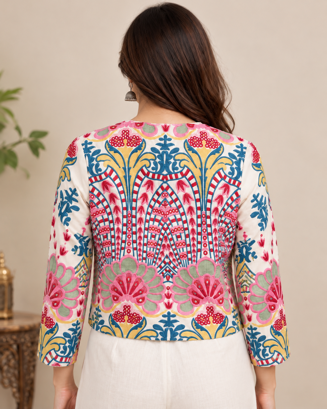 Women's Ivory Multicolour Floral Embroidered Crop Jacket with Open Front & Ethnic Design