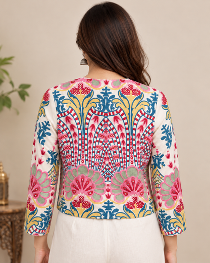 Women's Ivory Multicolour Floral Embroidered Crop Jacket with Open Front & Ethnic Design