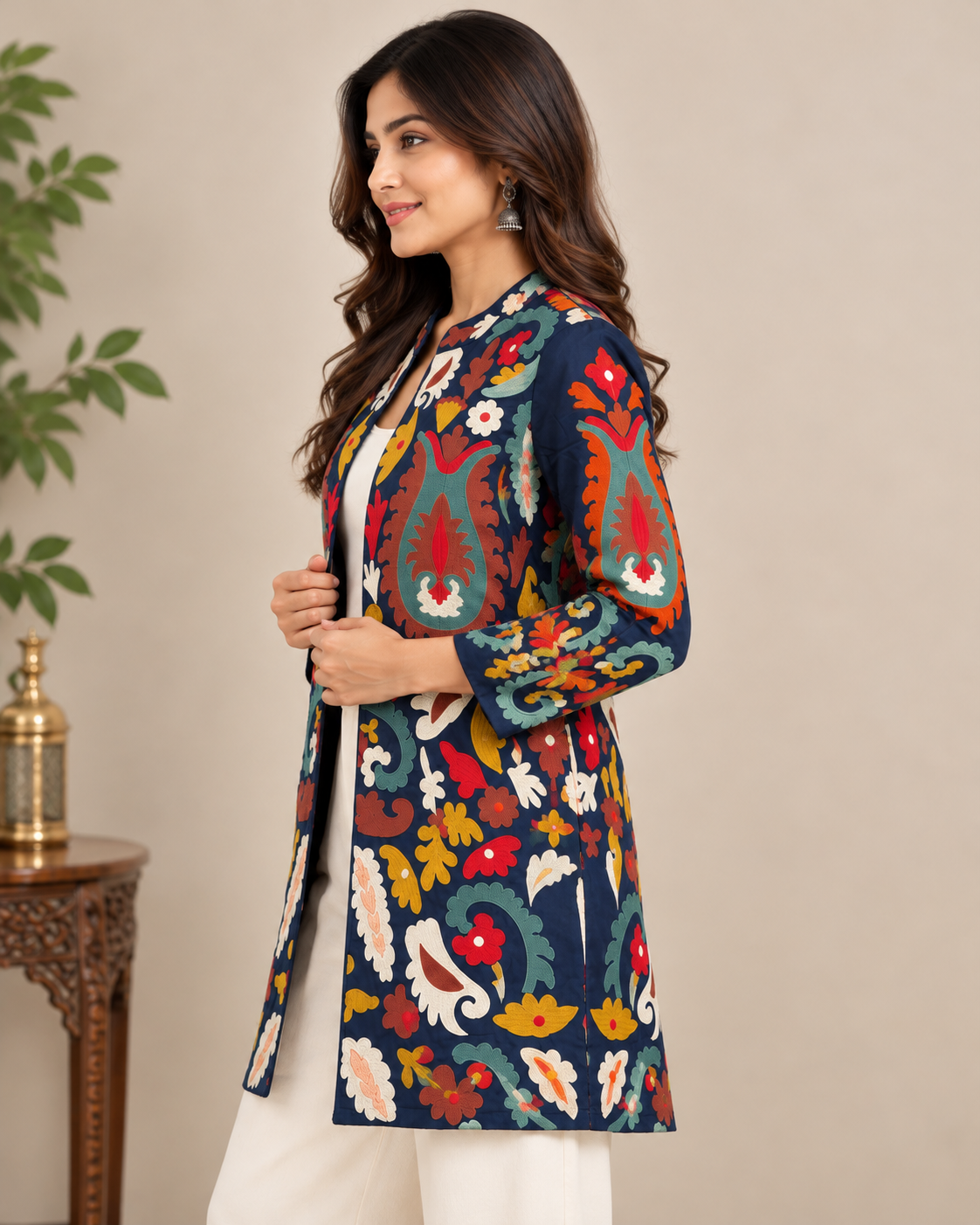 Women's Navy Blue Multicolour Floral Embroidered Long Jacket with Open Front & Ethnic Design
