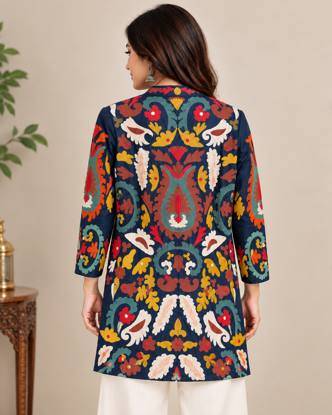 Women's Navy Blue Multicolour Floral Embroidered Long Jacket with Open Front & Ethnic Design