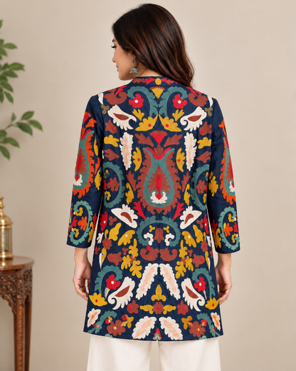 Women's Navy Blue Multicolour Floral Embroidered Long Jacket with Open Front & Ethnic Design