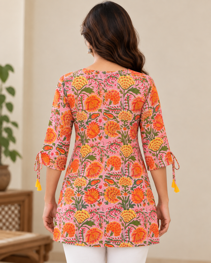 Women's Pink Floral Printed Cotton Short Kurti | 3/4 Sleeve Tie-Up Casual Ethnic Tunic