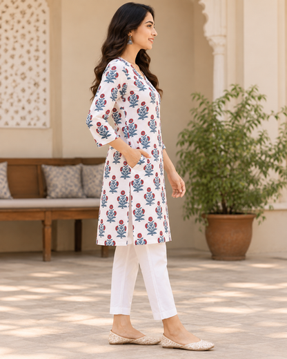 Women’s Hand Block Printed Knee-Length Kurti with Pockets | Floral V-Neck Ethnic Kurta