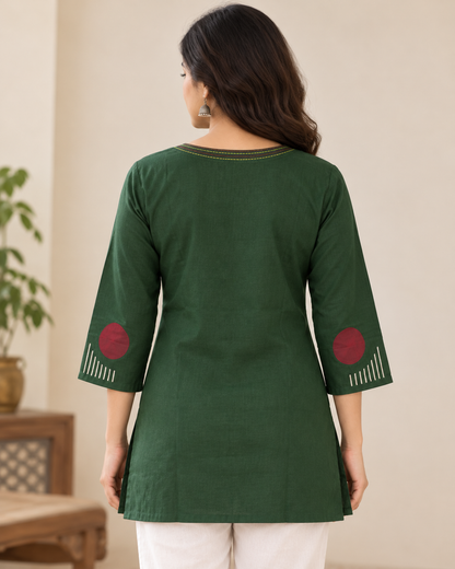 Women's Bottle Green Cotton Short Kurti | Embroidered Round Neck 3/4 Sleeve Ethnic Top